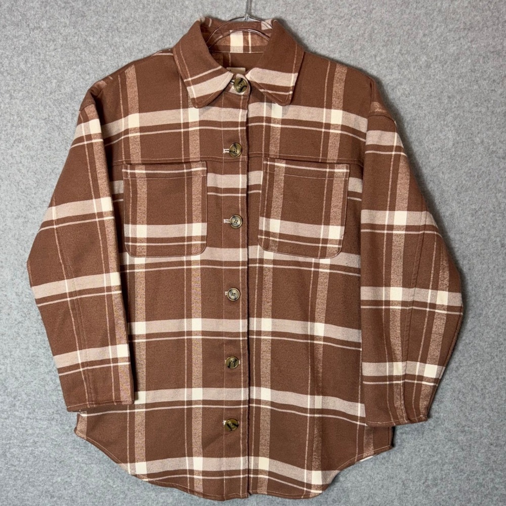 A New Day Plaid Flannel Shirt‎ Jacket Shacket Brown Button Front Small